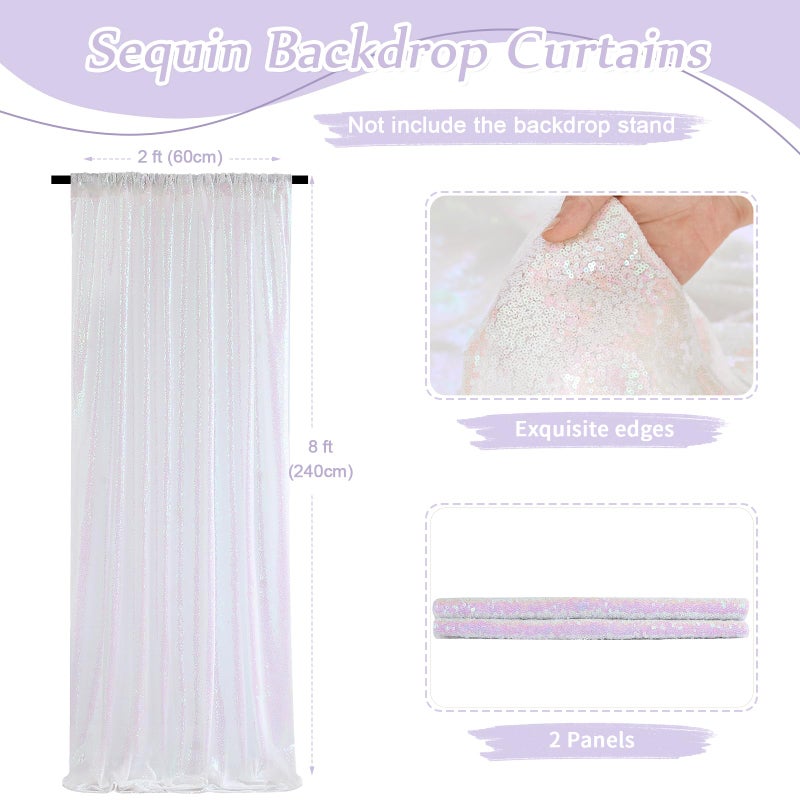 SoarDream Sequin Curtains 2 Pieces White Iridescent 2FTx8FT Sequin Backdrop Glitter Fabric Background for Christmas Party Decoration Brithday Party Wedding Decorations - Image 2